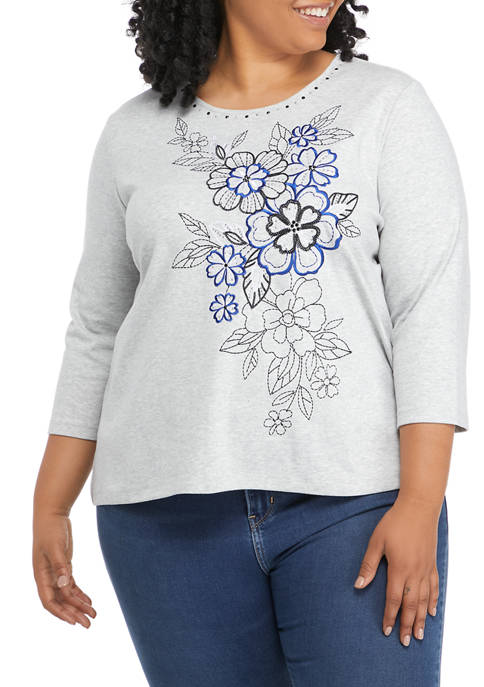 Plus Size Battery Park Asymmetrical Floral Embroidered Knit Top
