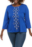 Plus Size Battery Park Center Embroidery Knit Top