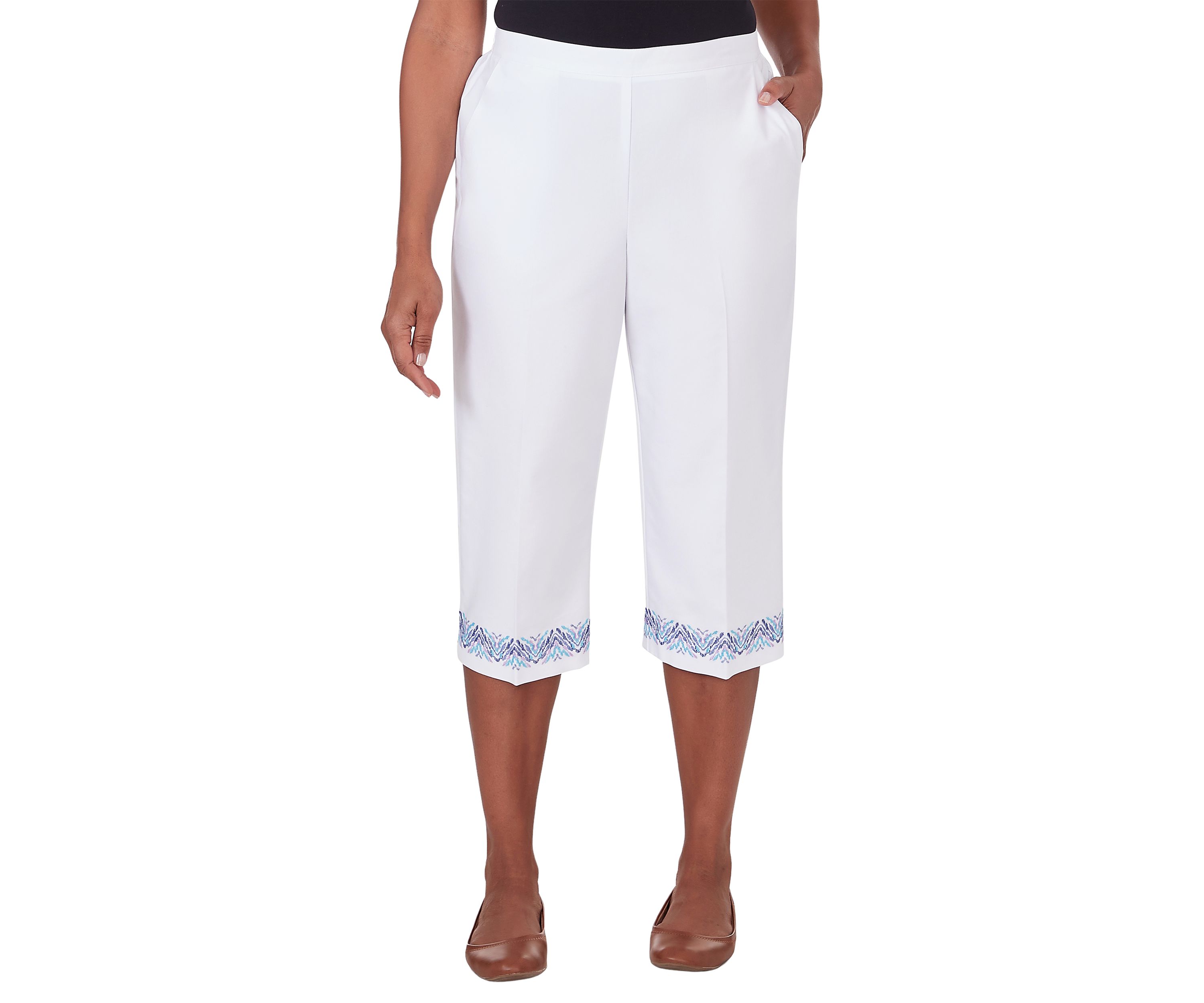 Womens Summer Breeze Border Cuff Embroidered Capri Pants