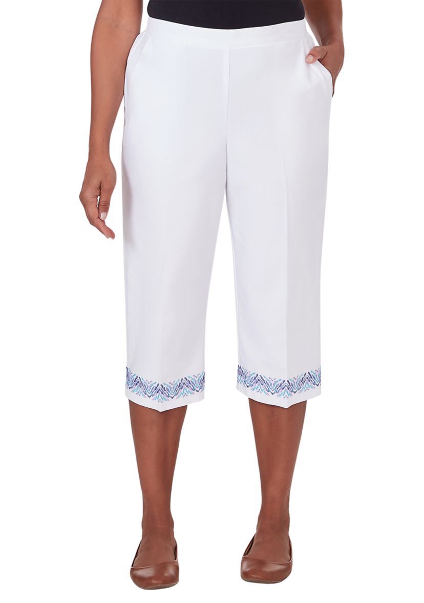 Womens Summer Breeze Border Cuff Embroidered Capri Pants
