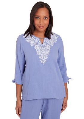 Women's Summer Breeze Embroidered Yoke Gauze Top