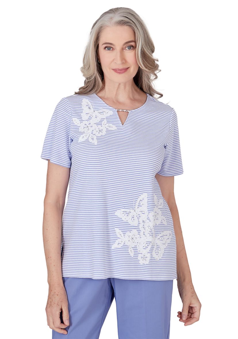 Womens Summer Breeze Mini Stripe Top with Lace Applique