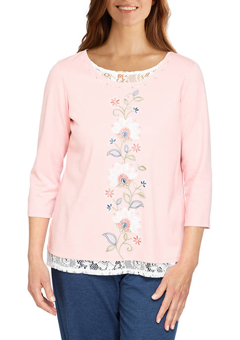 Womens Relax & Enjoy Center Scroll Embroidery Top