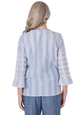 Women's Blue Bayou Pinstripe Embroidered Sleeves Top