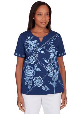 Women's Blue Bayou Monotone Embroidery Top