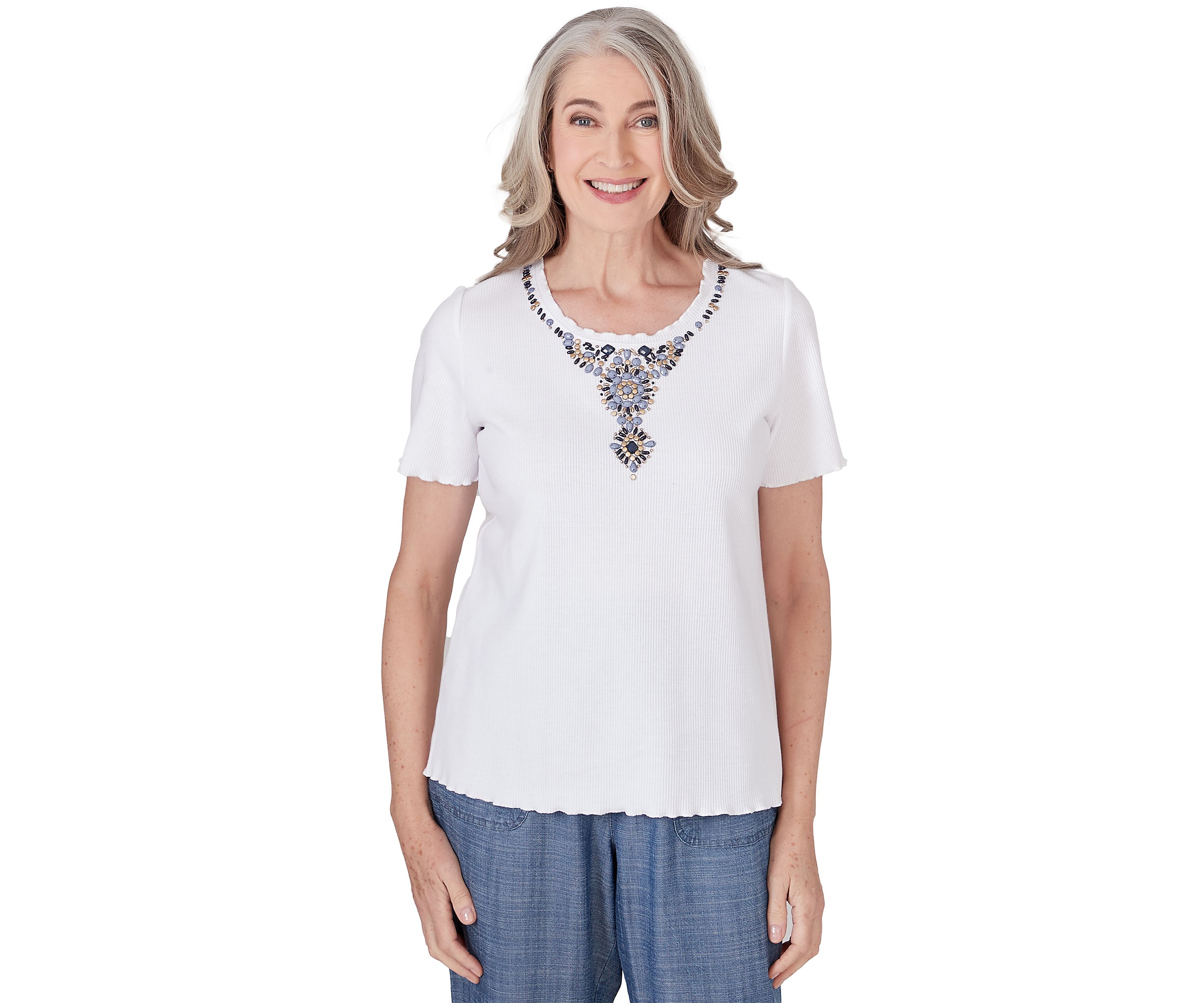 Womens Blue Bayou Beaded Yoke Top