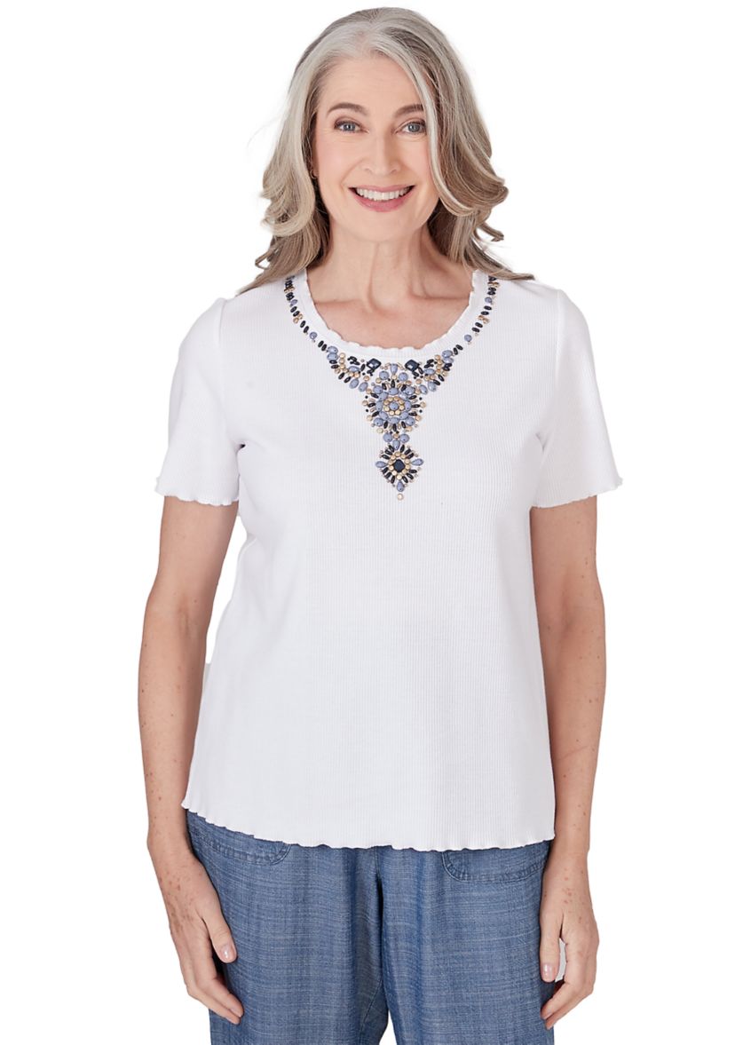 Womens Blue Bayou Beaded Yoke Top