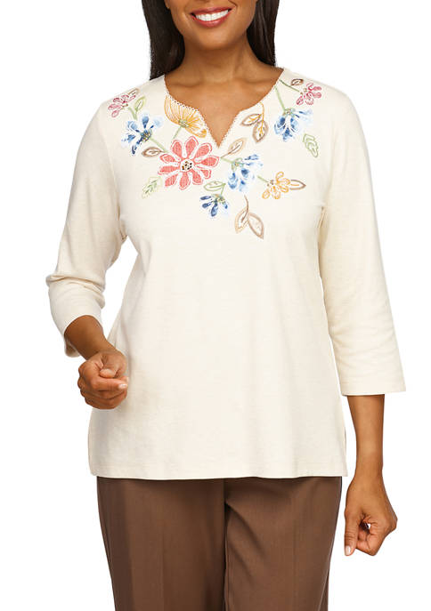 Alfred Dunner Womens Floral Yoke Top