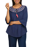 Womens Embroidered Yoke Bell Sleeve Top 