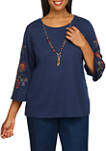 Petite Embroidered Sleeve Solid Top