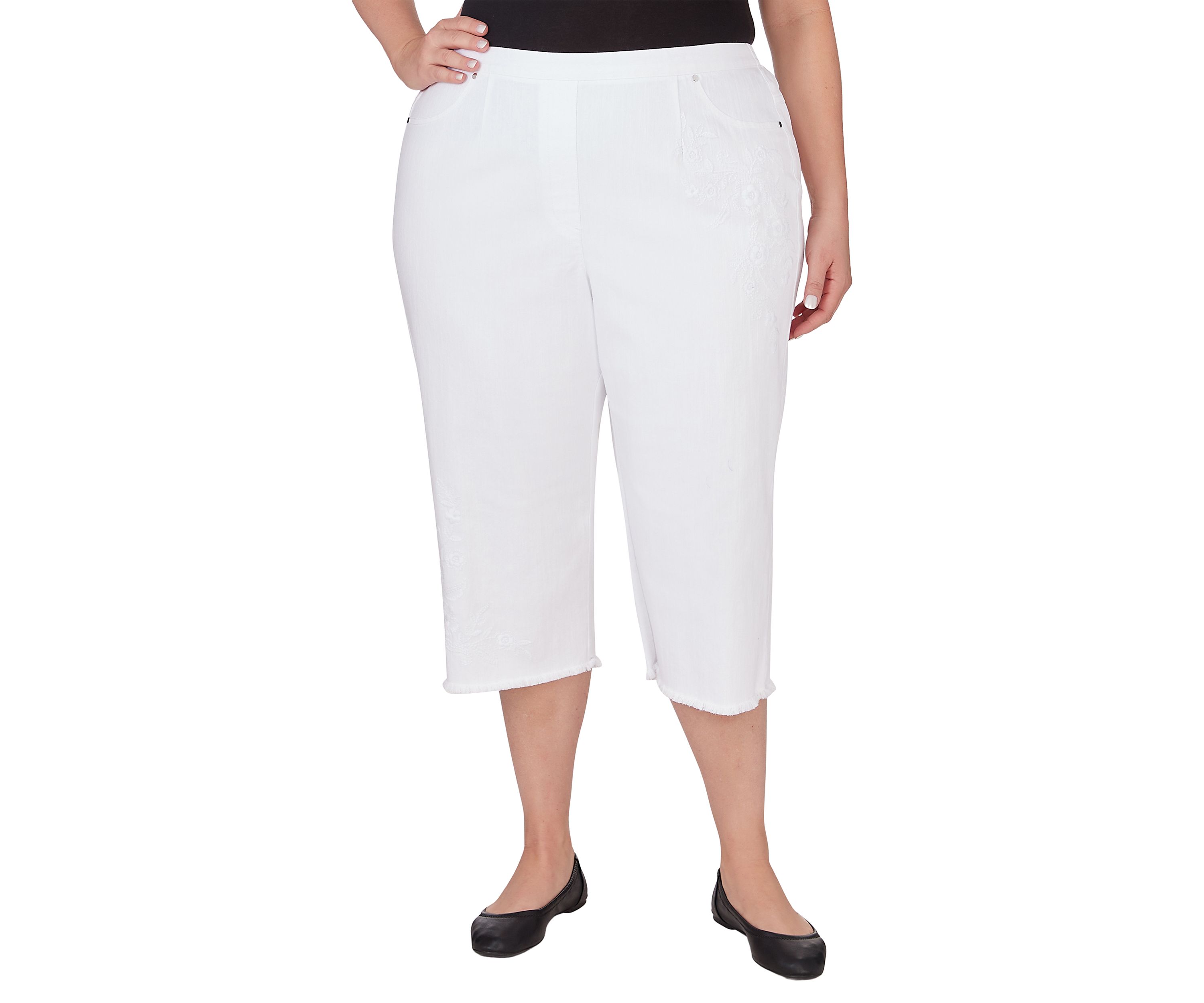 Plus Size Blue Bayou Embroidered Capri Fringe Bottoms