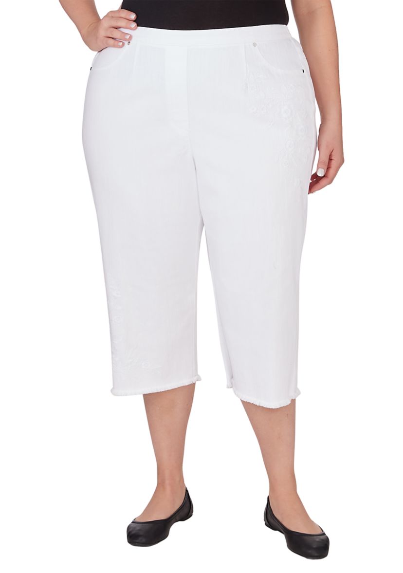 Plus Size Blue Bayou Embroidered Capri Fringe Bottoms