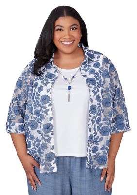 Plus Blue Bayou Flower Mesh Two For One Top