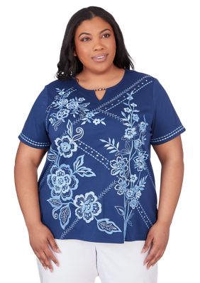 Plus Blue Bayou Monotone Embroidery Top