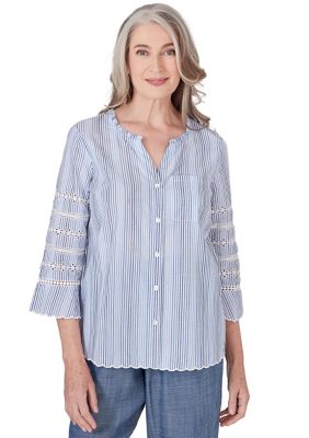 Petite Blue Bayou Pinstripe Embroidered Sleeve Top