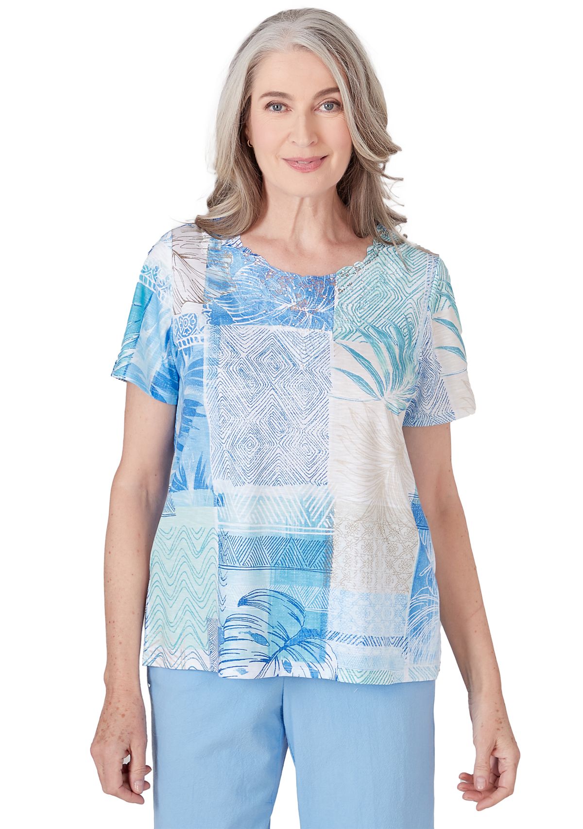 Womens Hyannisport Leaf Geo Patchwork Top