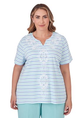 Plus Hyannis Port Mult Stripe Medallion Center Embroidery Top