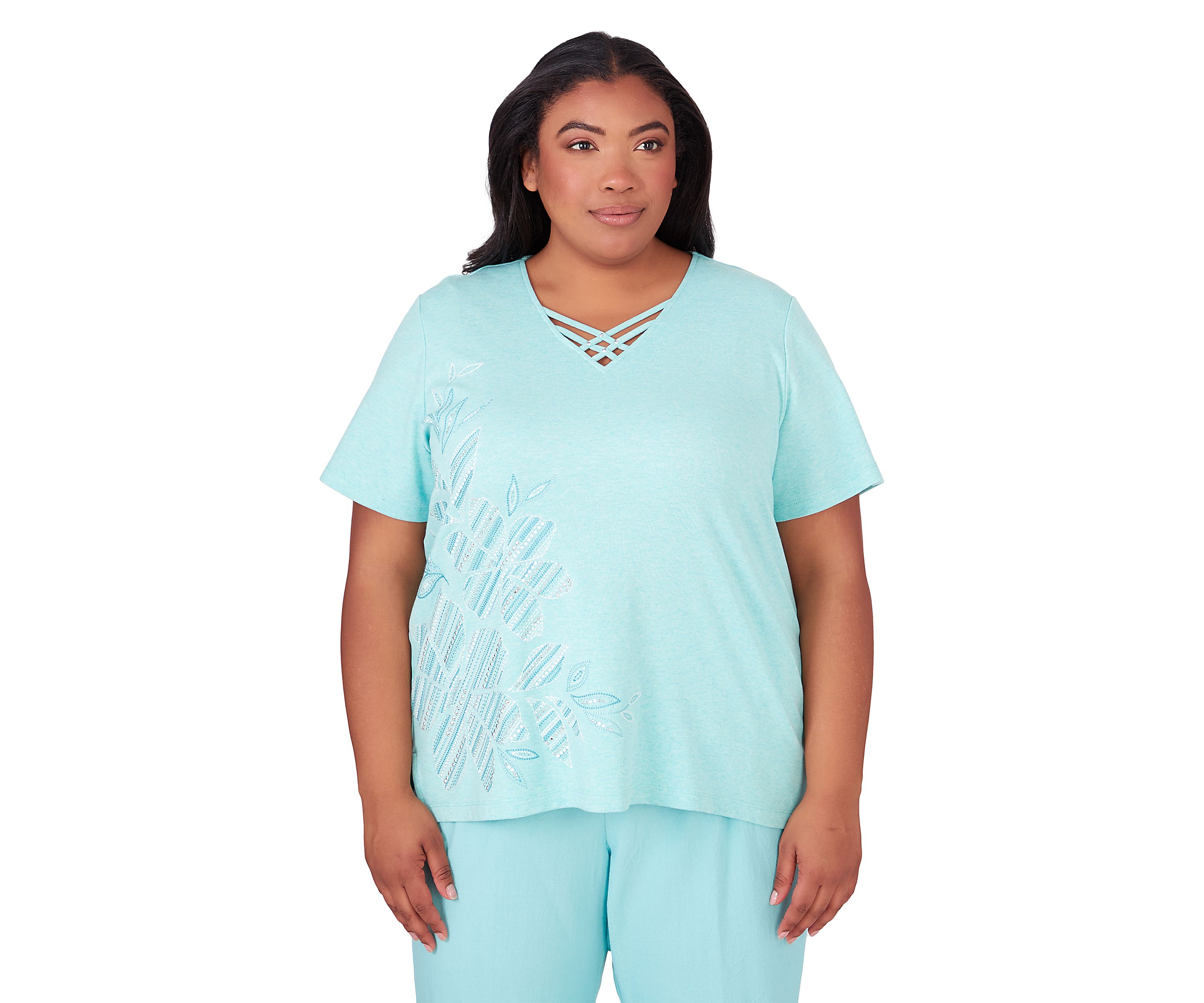 Plus Size Hyannisport Embroidered Flowers Top