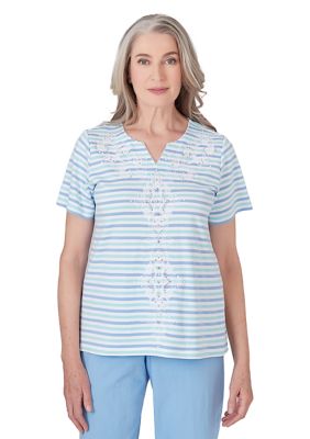 Petite Hyannisport Multi Stripe Medallion Center Embroidery Top