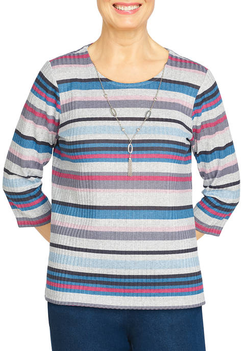 Alfred Dunner Womens Stripe Rib Knit Top