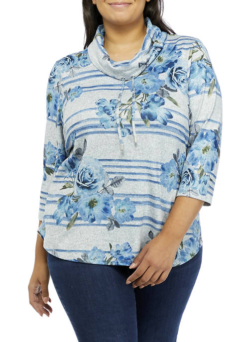 Alfred Dunner Plus Size 3/4 Sleeve Stripe Floral