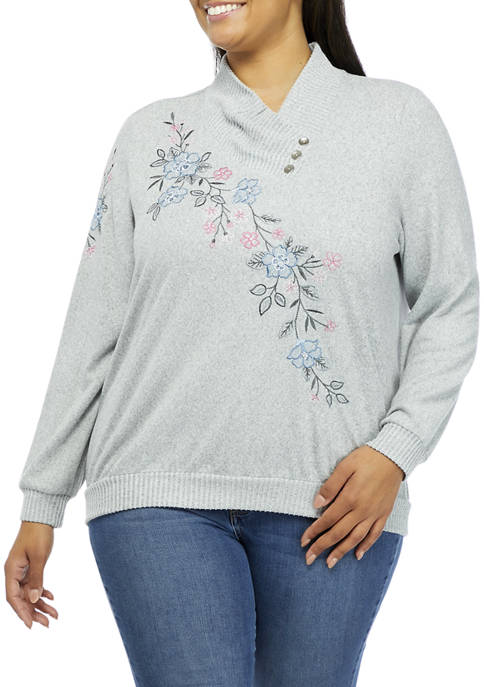 Plus Size Split Button Cowl Neck Embroidered Top