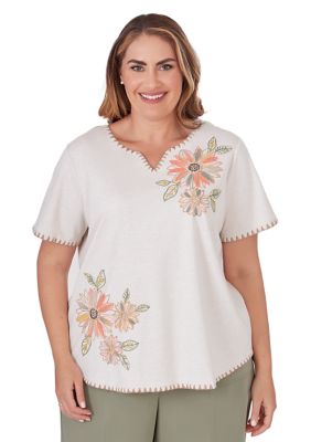 Plus Tuscan Sunset Embroidered Flowers Short Sleeve Top