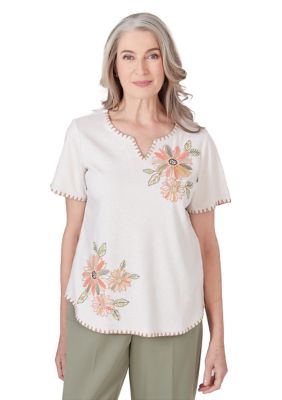 Petite Tuscan Sunset Embroidered Flowers Short Sleeve Top