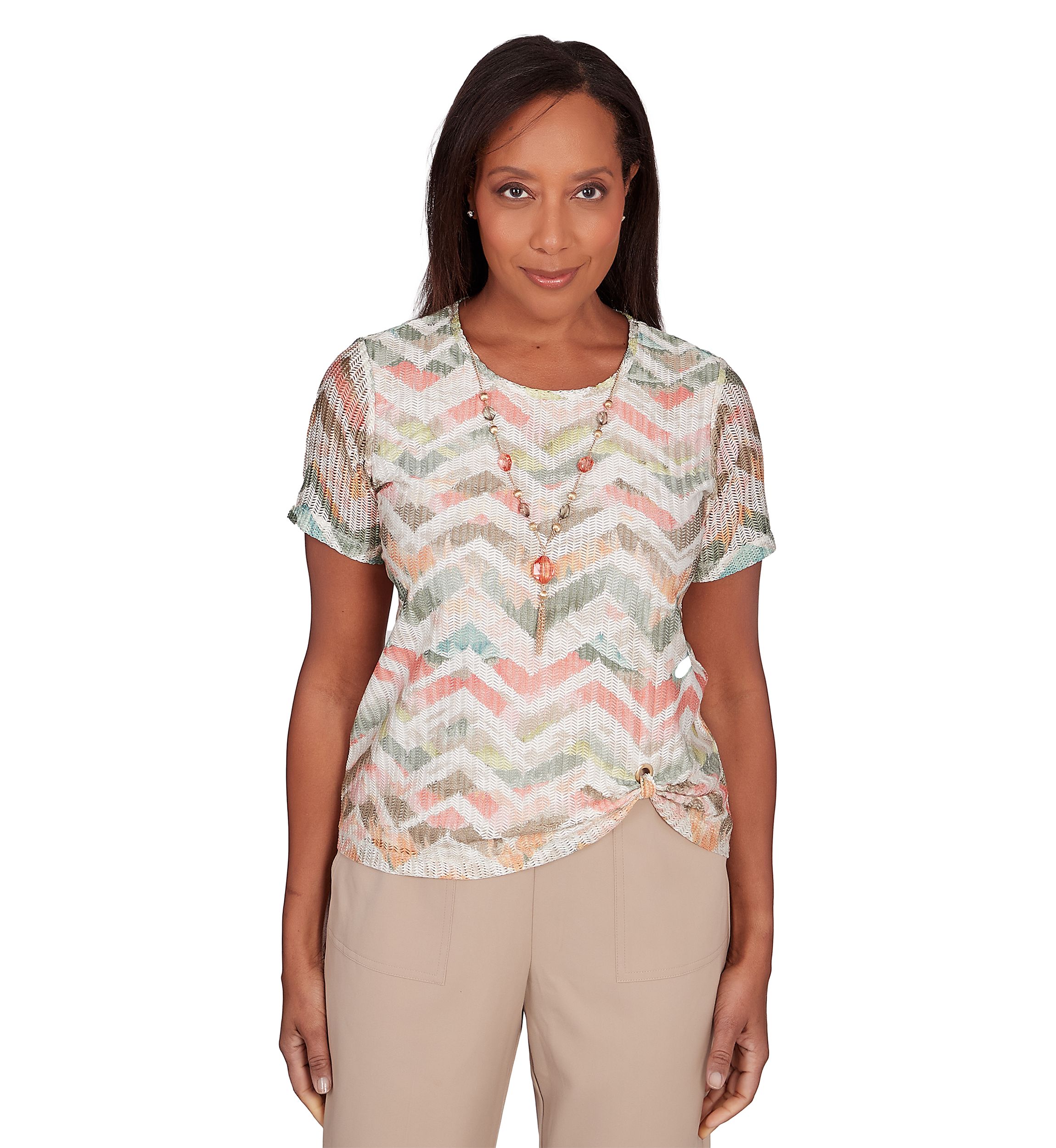 Petite Tuscan Sunset Textured Chevron Short Sleeve Top
