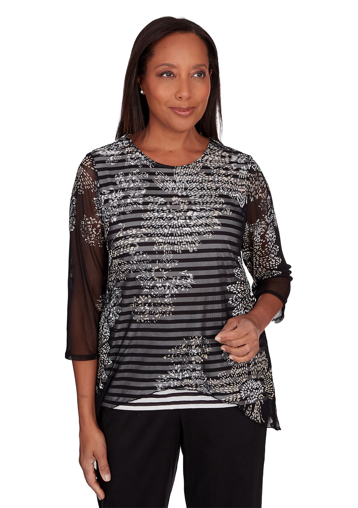 Womens Opposites Attract Flower Mesh Overlay Stripe Top