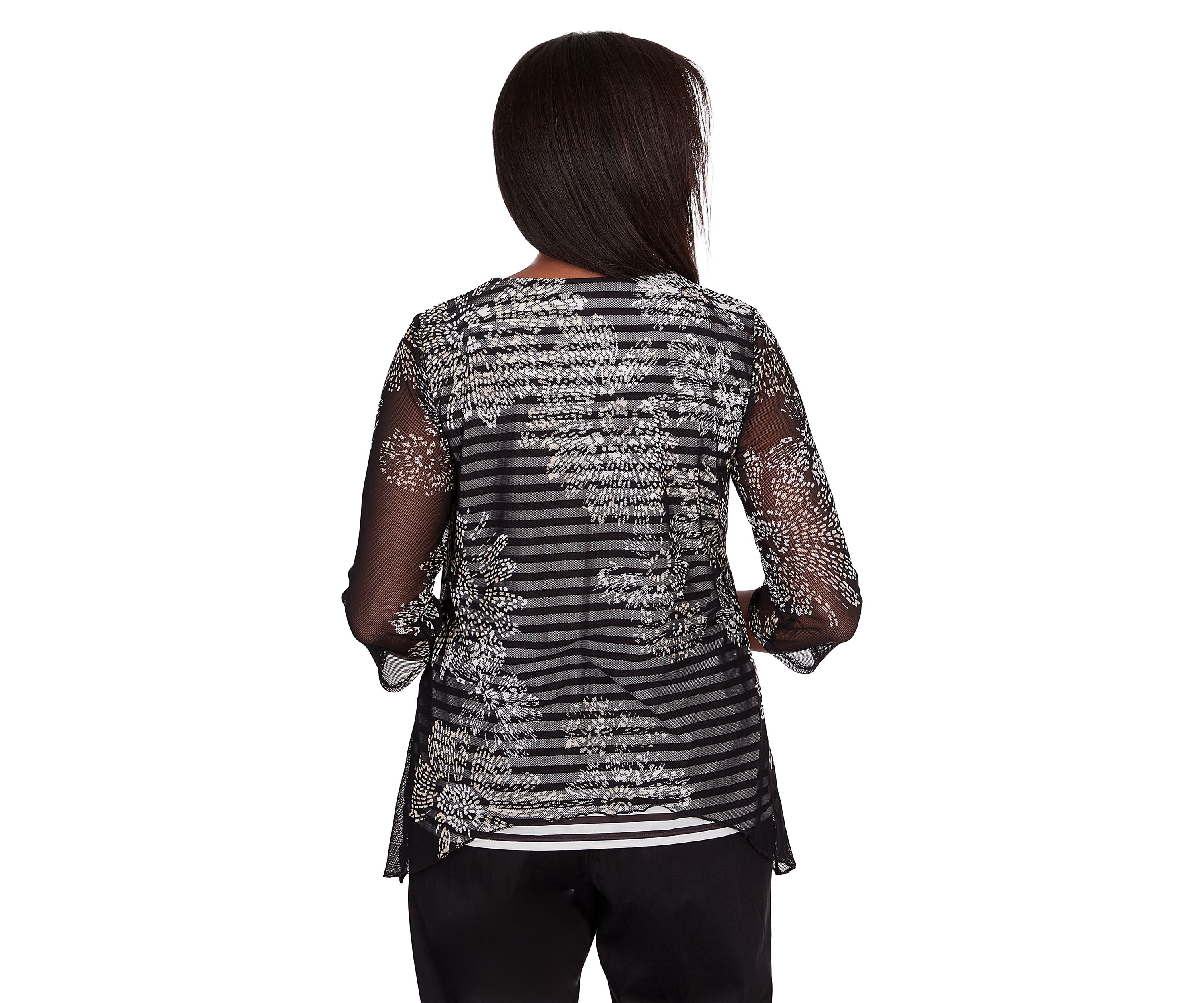 Womens Opposites Attract Flower Mesh Overlay Stripe Top