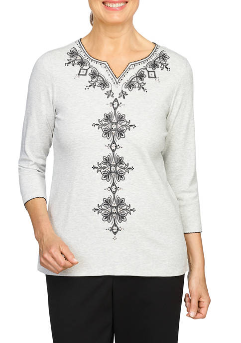 Alfred Dunner Petite Center Scroll Embroidered Sweater