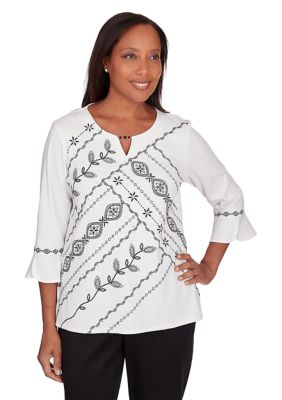 Petite Opposites Attract Embroidered Spliced Leaf Top