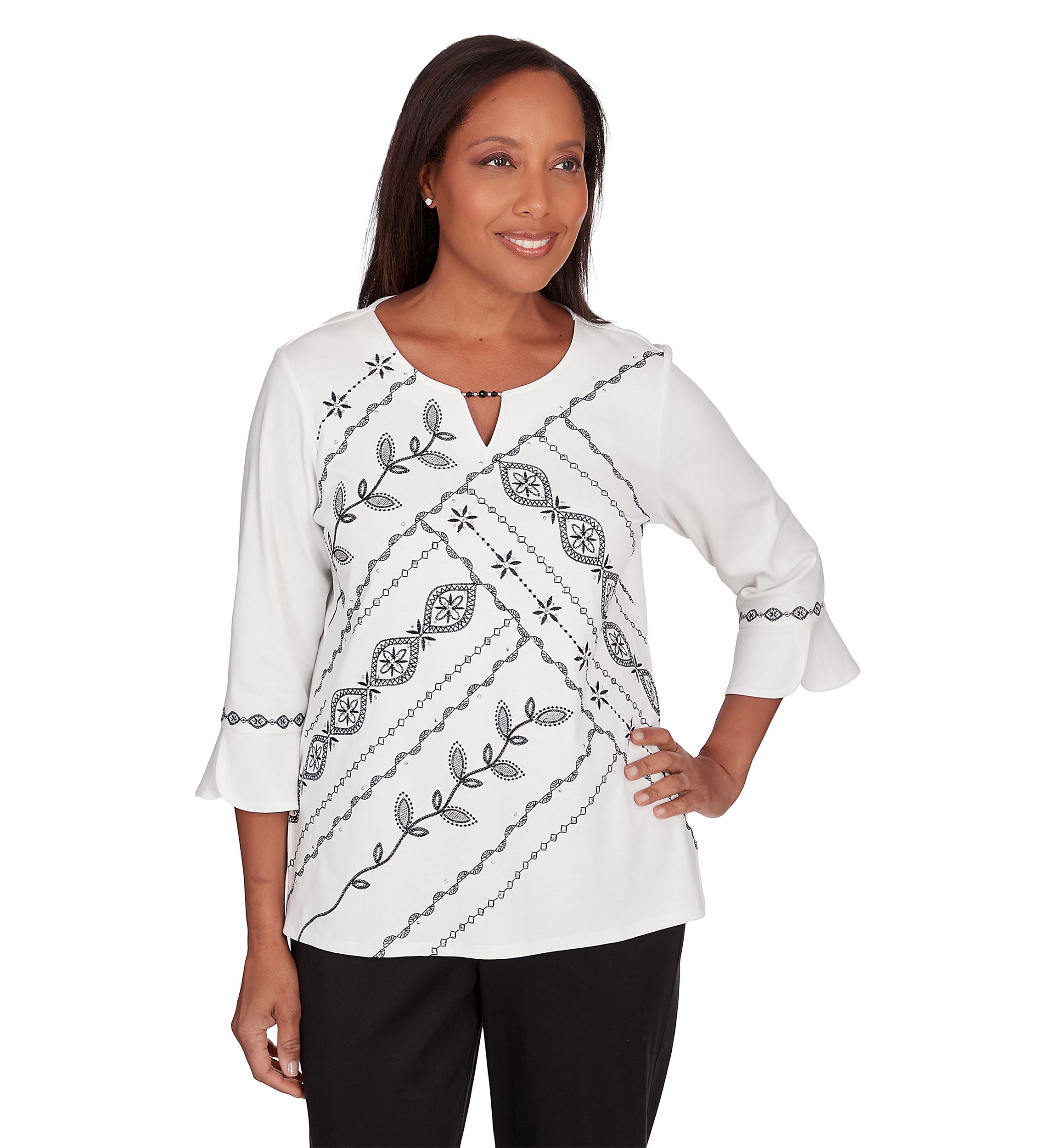 Petite Opposites Attract Embroidered Spliced Leaf Top