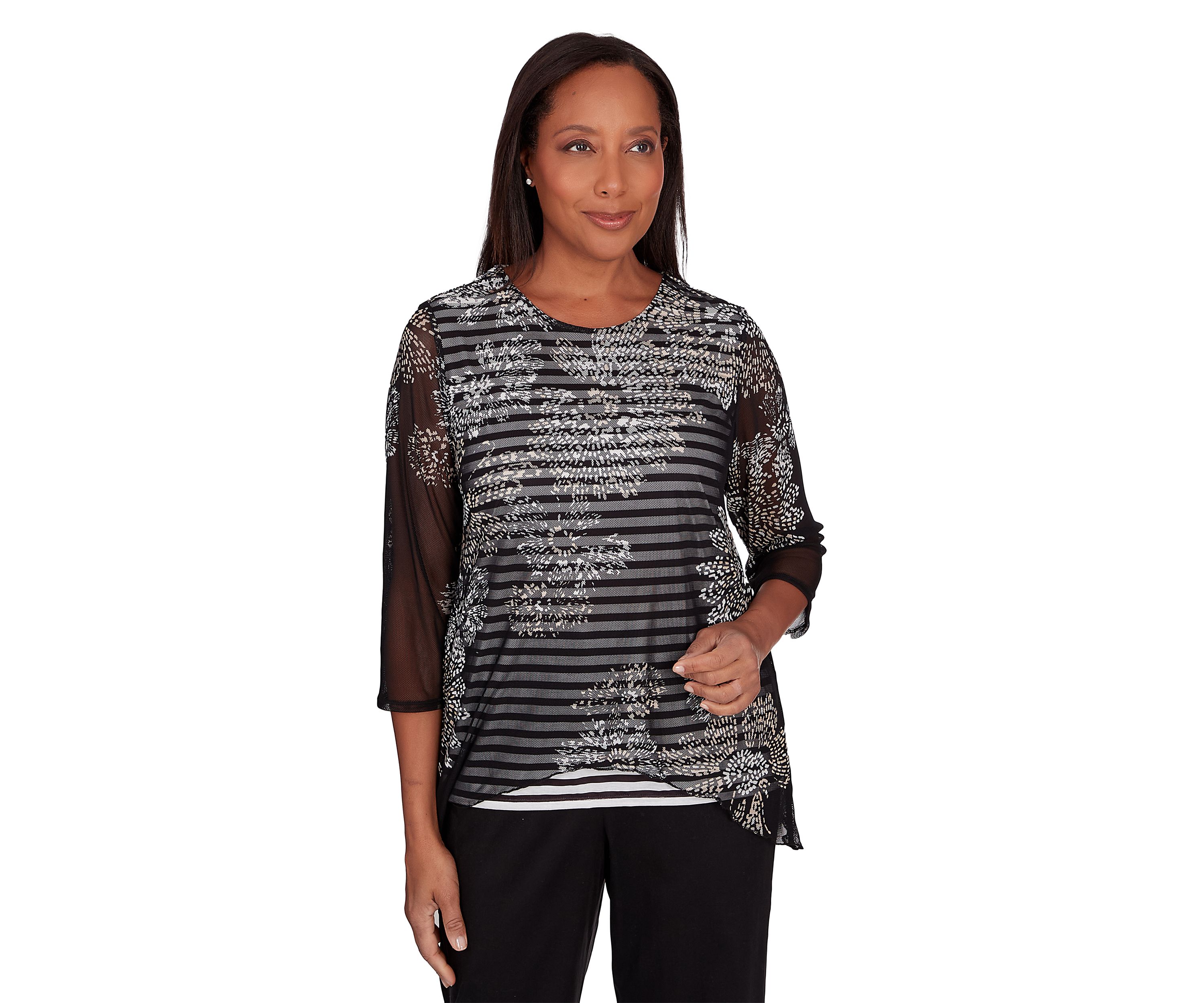 Petite Opposites Attract Flower Mesh Overlay Stripe Top