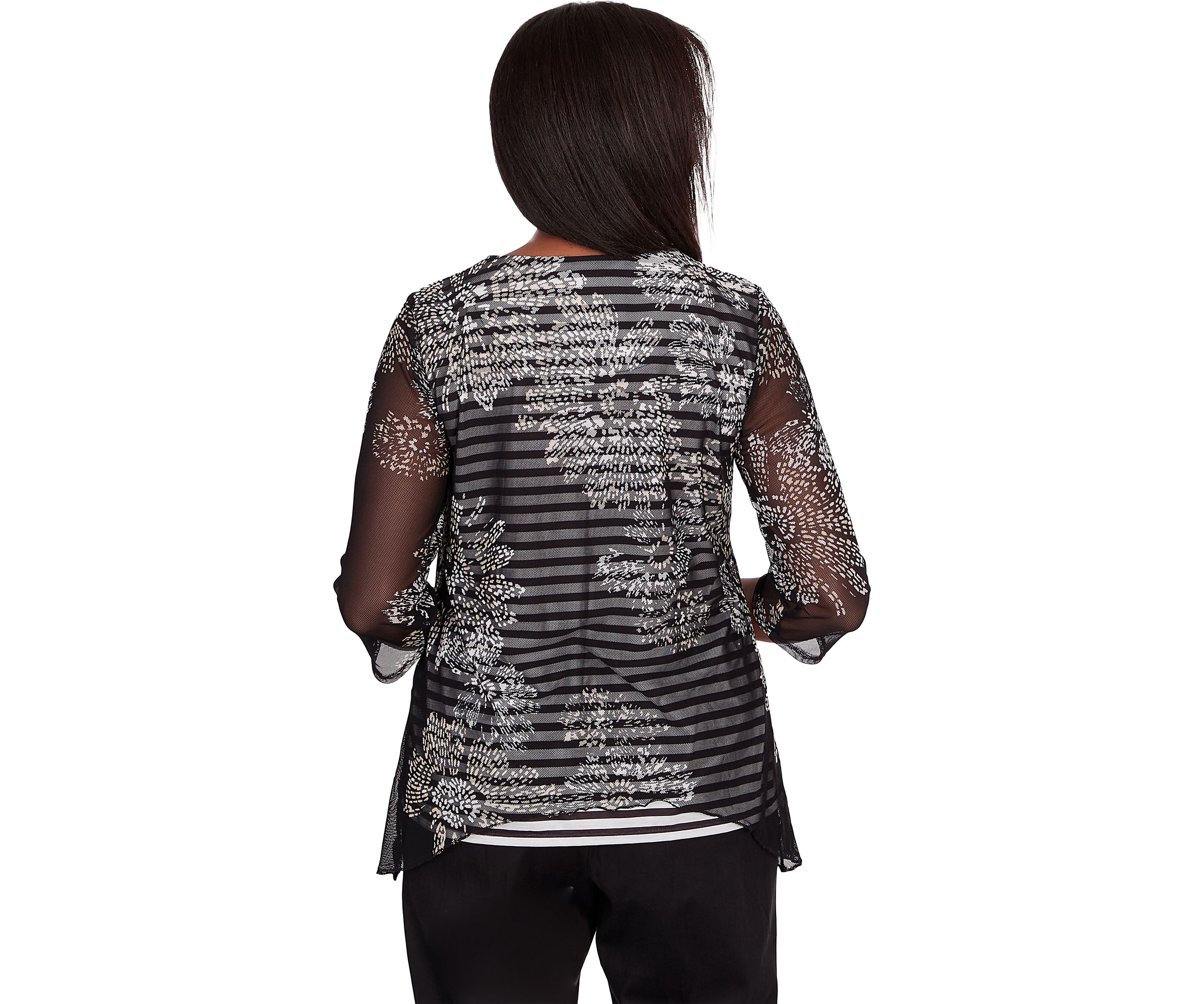 Petite Opposites Attract Flower Mesh Overlay Stripe Top