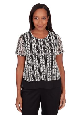 Petite Opposites Attract Stripe Textured Short Sleeve Top with Woven Trim