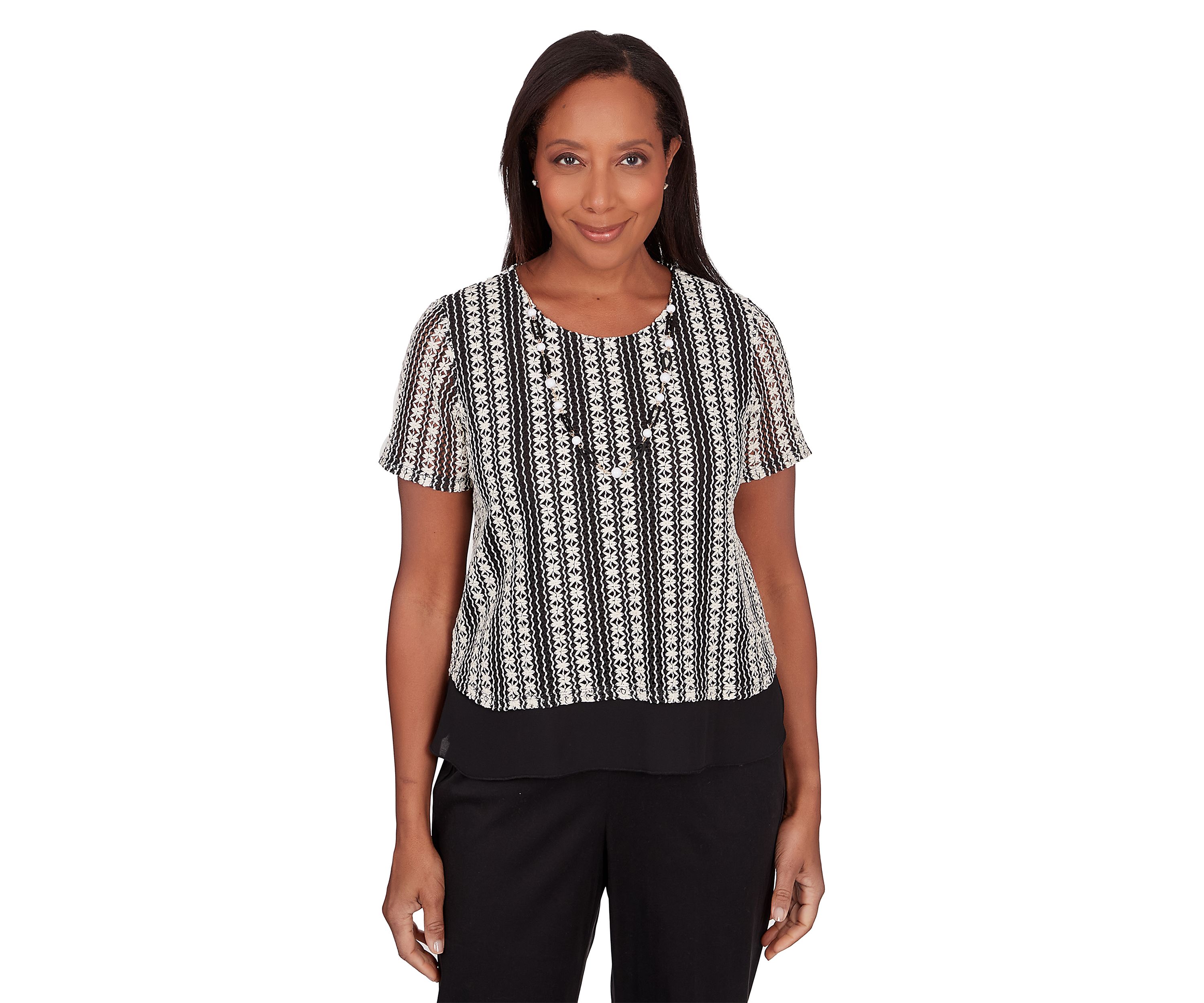 Petite Opposites Attract Stripe Textured Short Sleeve Top with Woven Trim