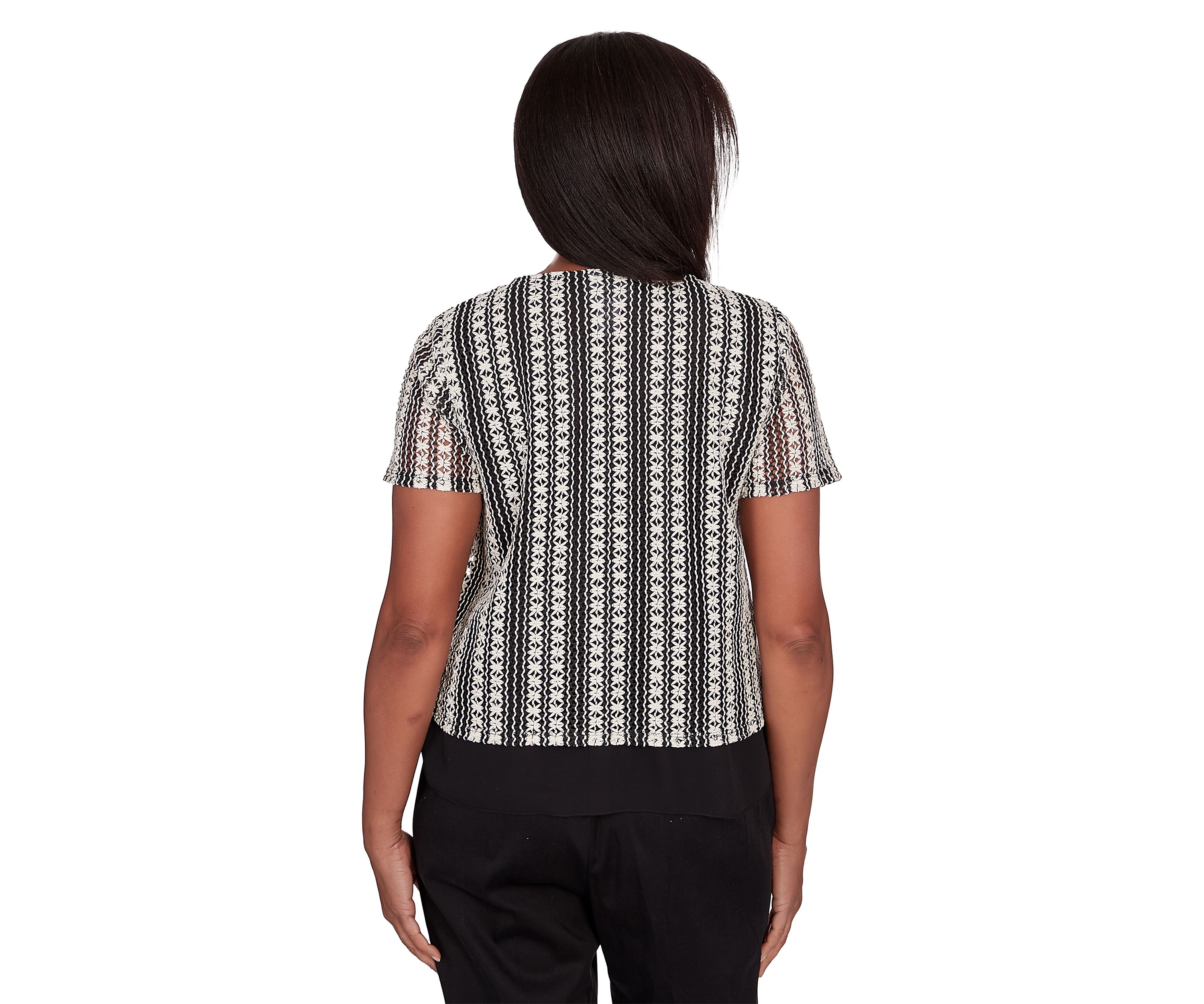 Petite Opposites Attract Stripe Textured Short Sleeve Top with Woven Trim