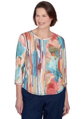 Women's Sedona Sky Spliced Floral Brushstroke Stripes Top