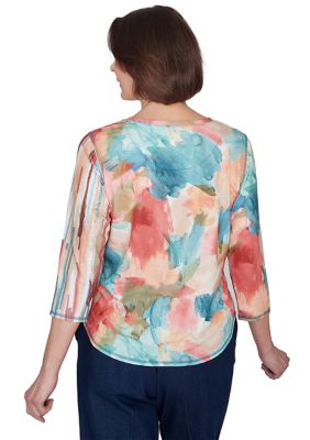 Women's Sedona Sky Spliced Floral Brushstroke Stripes Top