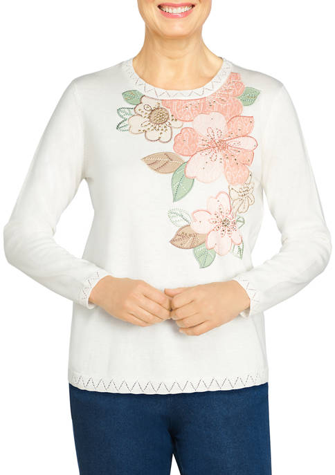 Alfred Dunner Womens Floral Yoke Sweater