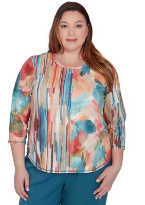 Plus Sedona Sky Spliced Floral Brushstroke Stripes Top