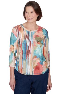 Petite Sedona Sky Spliced Floral Brushstroke Stripes Top