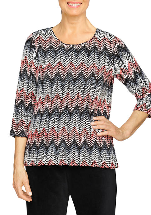 Alfred Dunner Womens Zig Zag Knit Top