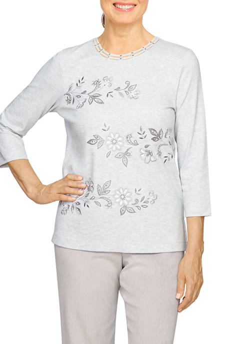 Alfred Dunner Womens Embroidered Floral Knit Top