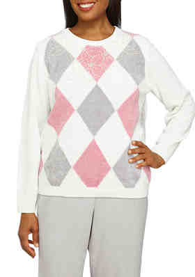 Alfred Dunner Womens Easy Street Gingham Trim 2Fer Sweater 