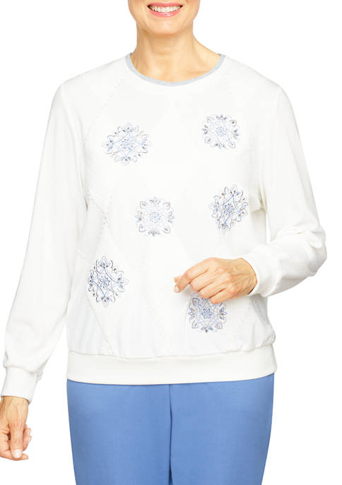 Alfred Dunner Womens Embroidered Diamond Top