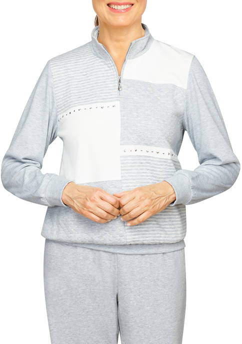 Petite Long Sleeve Quilt Color Block Half Zip Pullover