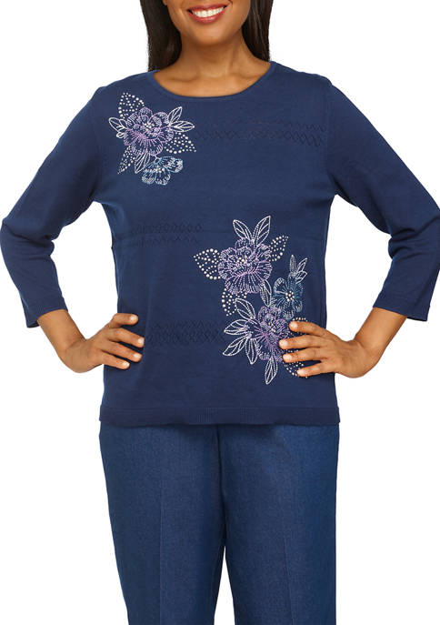 Alfred Dunner Womens Asymmetric Floral Embroidered Top